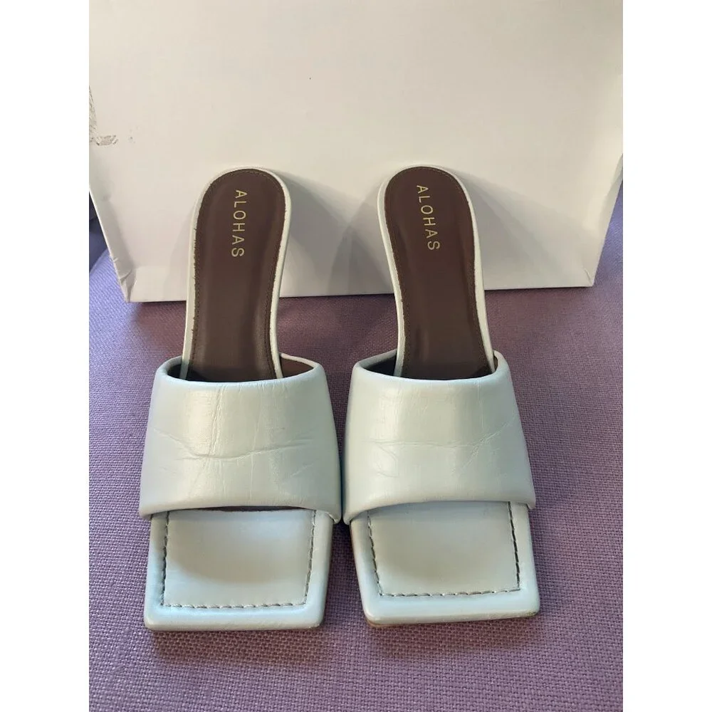 Alohas Puffy Mules in Grey/White Leather 38 Womens High Heels